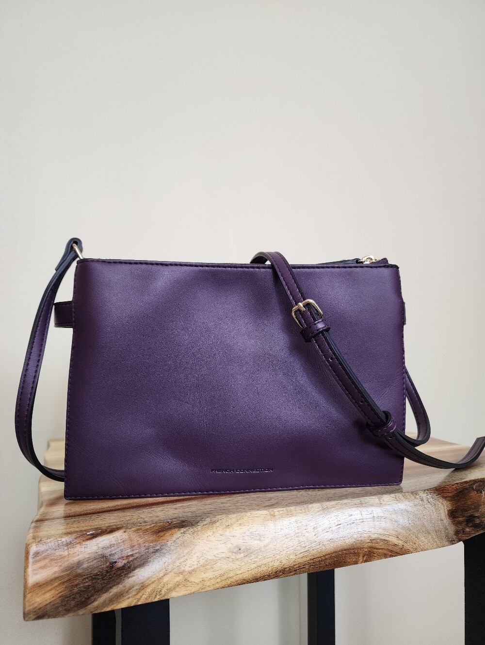 French Connection Purple Triple Zip Crossbody Bag Suede Studded Plum Handbag